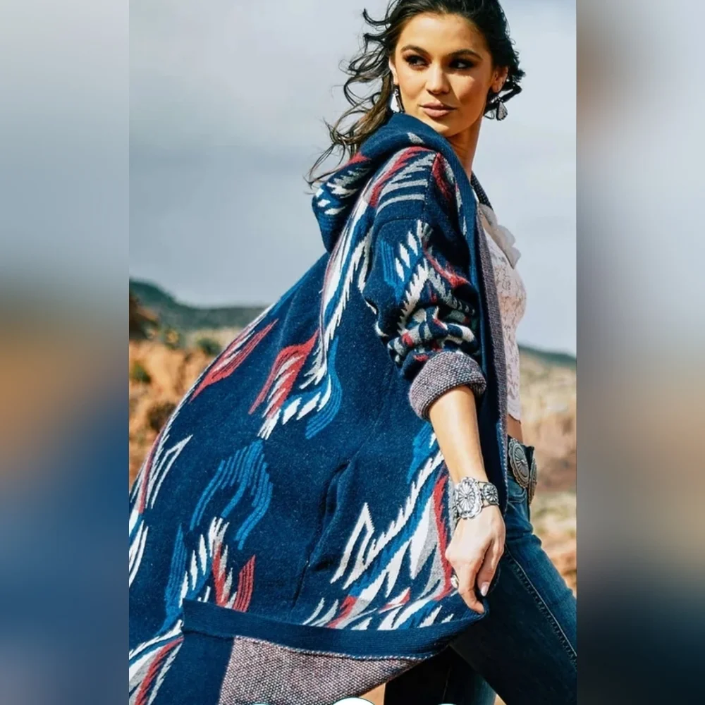 ARIAT Women's Chimayo Duster Sweater, Navy Jacquard M - Picture 8 of 8